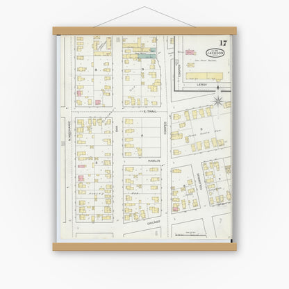 Old map wall art mockup — magnetic wood frame on white wall — Sanborn Fire Insurance Map from Jackson, Jackson County, Michigan (1893), Sheet #0017