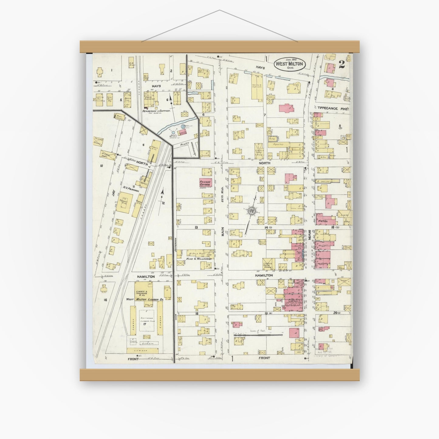 Old map wall art mockup — magnetic wood frame on white wall — Sanborn Fire Insurance Map from West Milton, Miami County, Ohio (1912), Sheet #0002