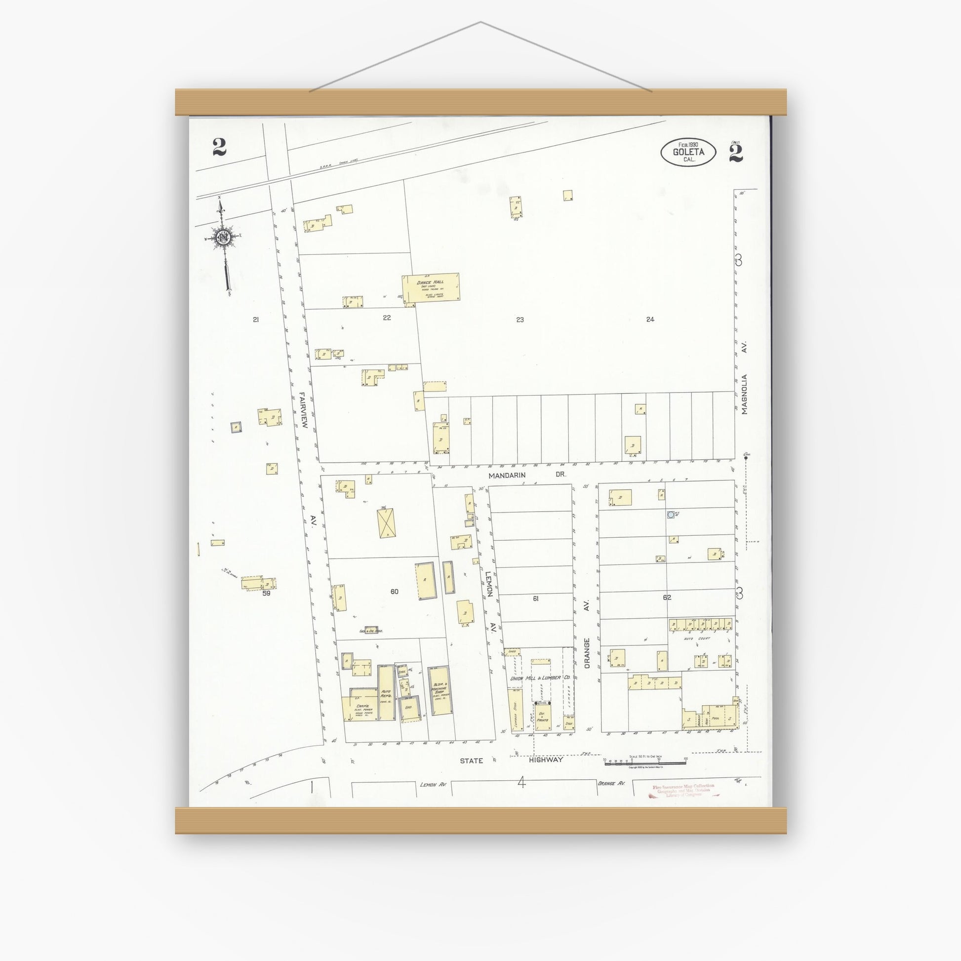 Old map wall art mockup — magnetic wood frame on white wall — Sanborn Fire Insurance Map from Goleta, Santa Barbara County, California (1930), Sheet #0002