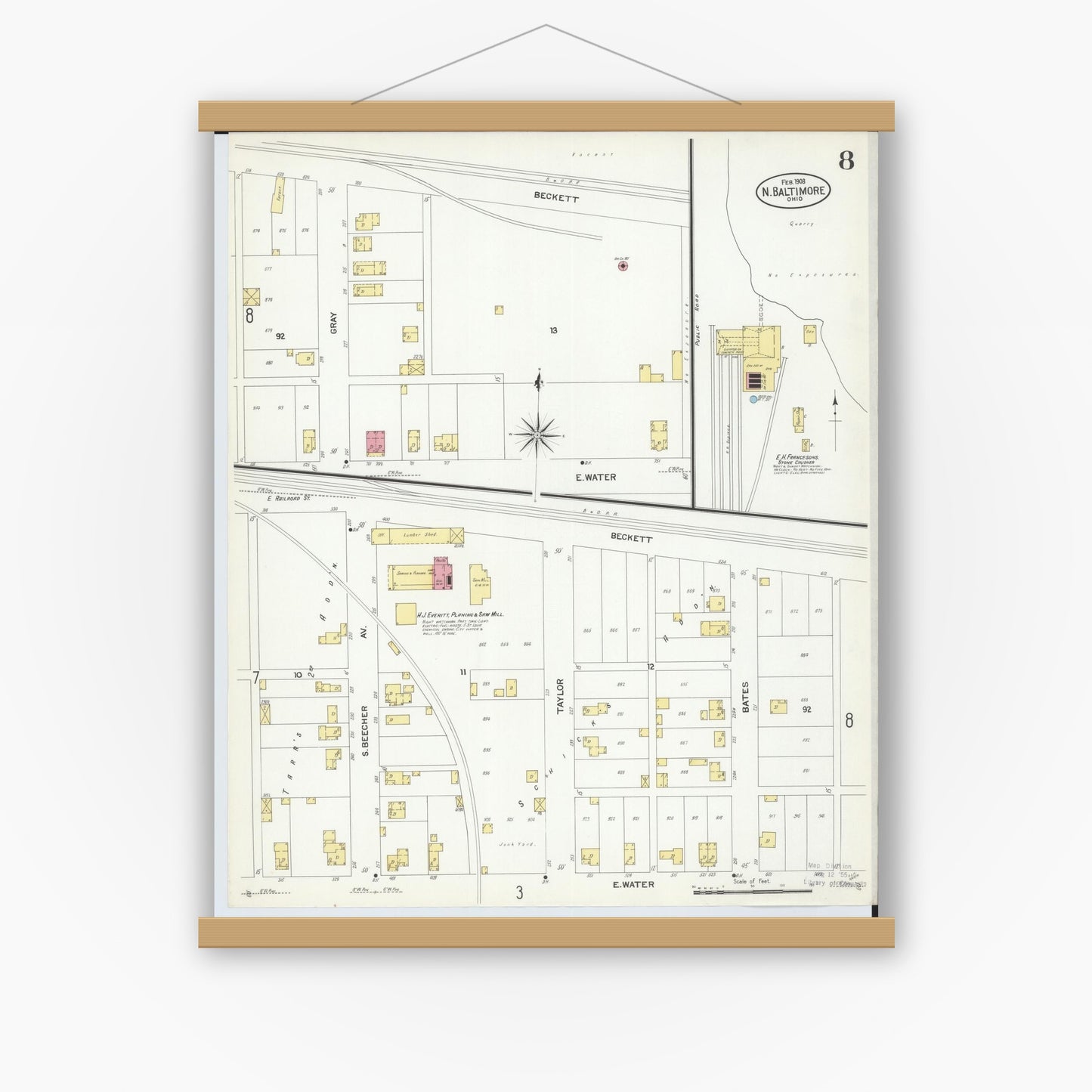 Old map wall art mockup — magnetic wood frame on white wall — Sanborn Fire Insurance Map from North Baltimore, Wood County, Ohio (1908), Sheet #0008