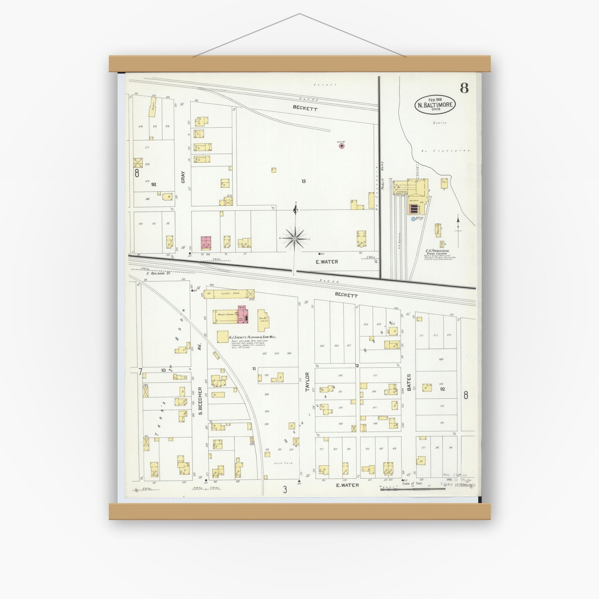 Old map wall art mockup — magnetic wood frame on white wall — Sanborn Fire Insurance Map from North Baltimore, Wood County, Ohio (1908), Sheet #0008
