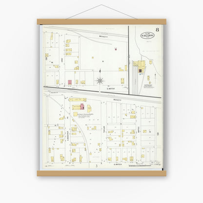 Old map wall art mockup — magnetic wood frame on white wall — Sanborn Fire Insurance Map from North Baltimore, Wood County, Ohio (1908), Sheet #0008