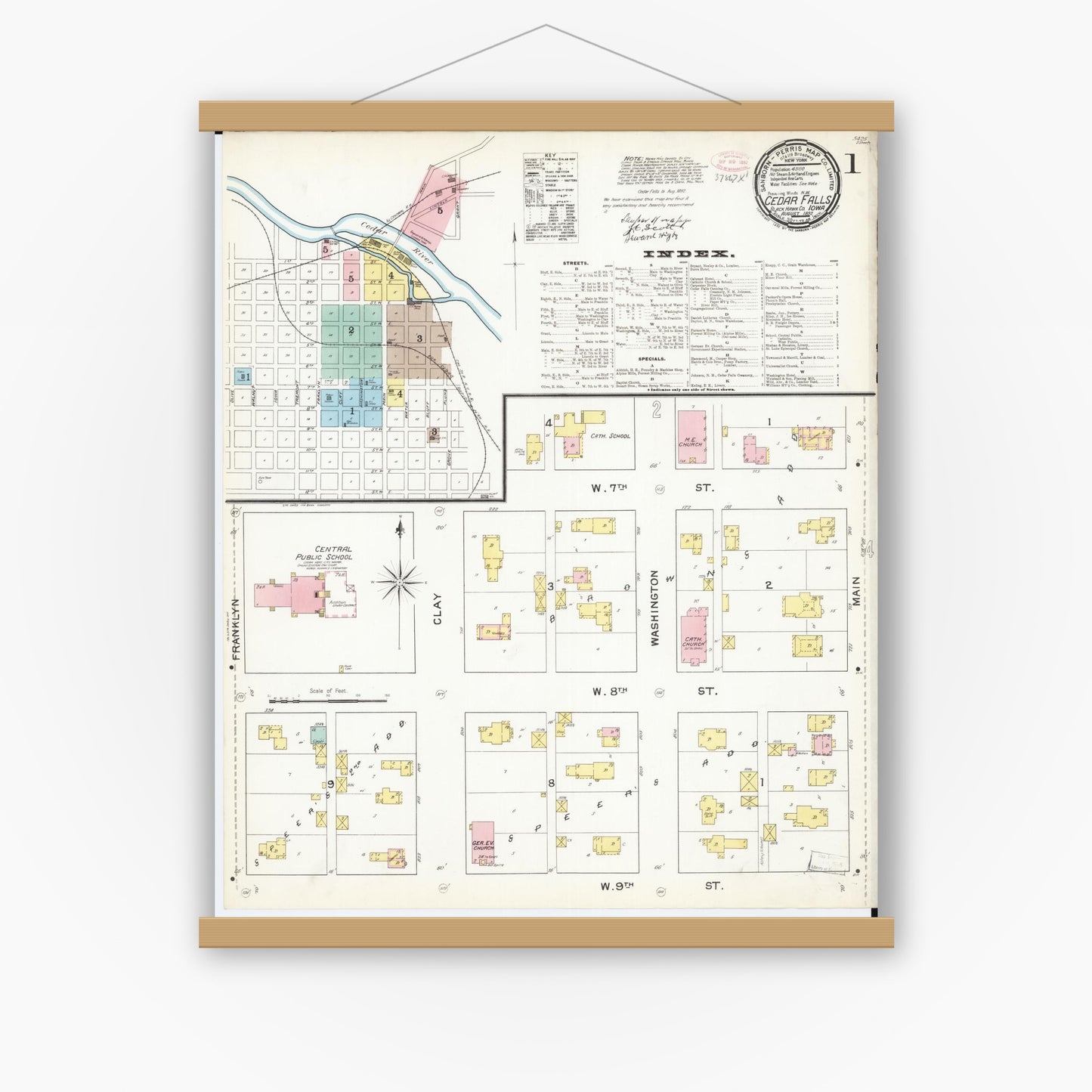 Old map wall art mockup — magnetic wood frame on white wall — Sanborn Fire Insurance Map from Cedar Falls, Black Hawk County, Iowa (1892), Sheet #0001