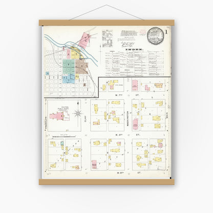 Old map wall art mockup — magnetic wood frame on white wall — Sanborn Fire Insurance Map from Cedar Falls, Black Hawk County, Iowa (1892), Sheet #0001