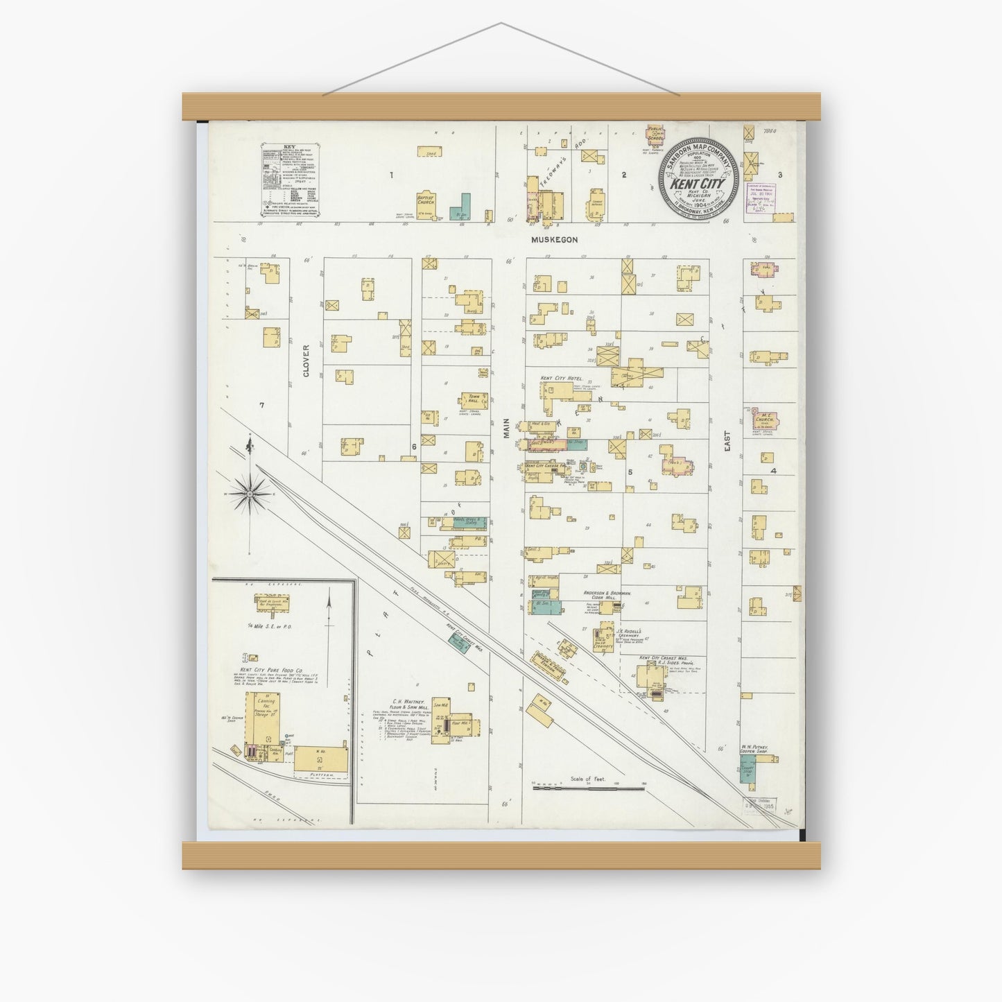 Old map wall art mockup — magnetic wood frame on white wall — Sanborn Fire Insurance Map from Kent City, Kent County, Michigan (1904), Sheet #0001