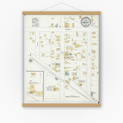 Old map wall art mockup — magnetic wood frame on white wall — Sanborn Fire Insurance Map from Kent City, Kent County, Michigan (1904), Sheet #0001