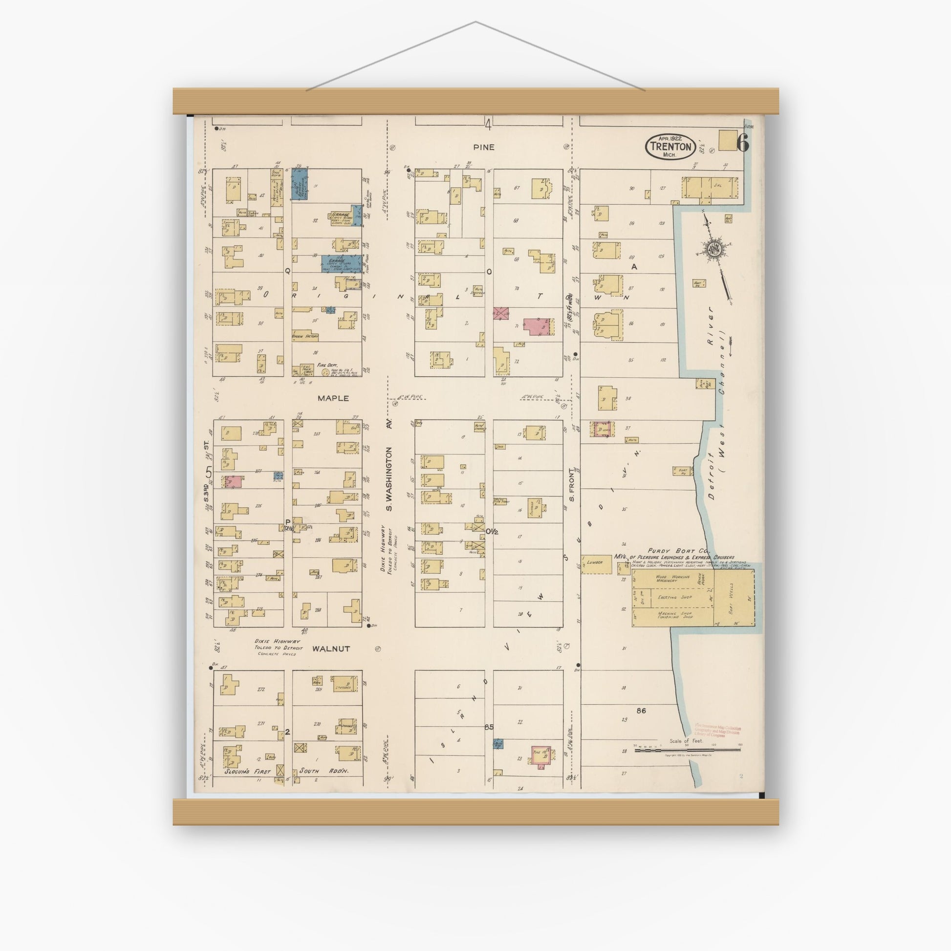 Old map wall art mockup — magnetic wood frame on white wall — Sanborn Fire Insurance Map from Trenton, Wayne County, Michigan (1922), Sheet #0006