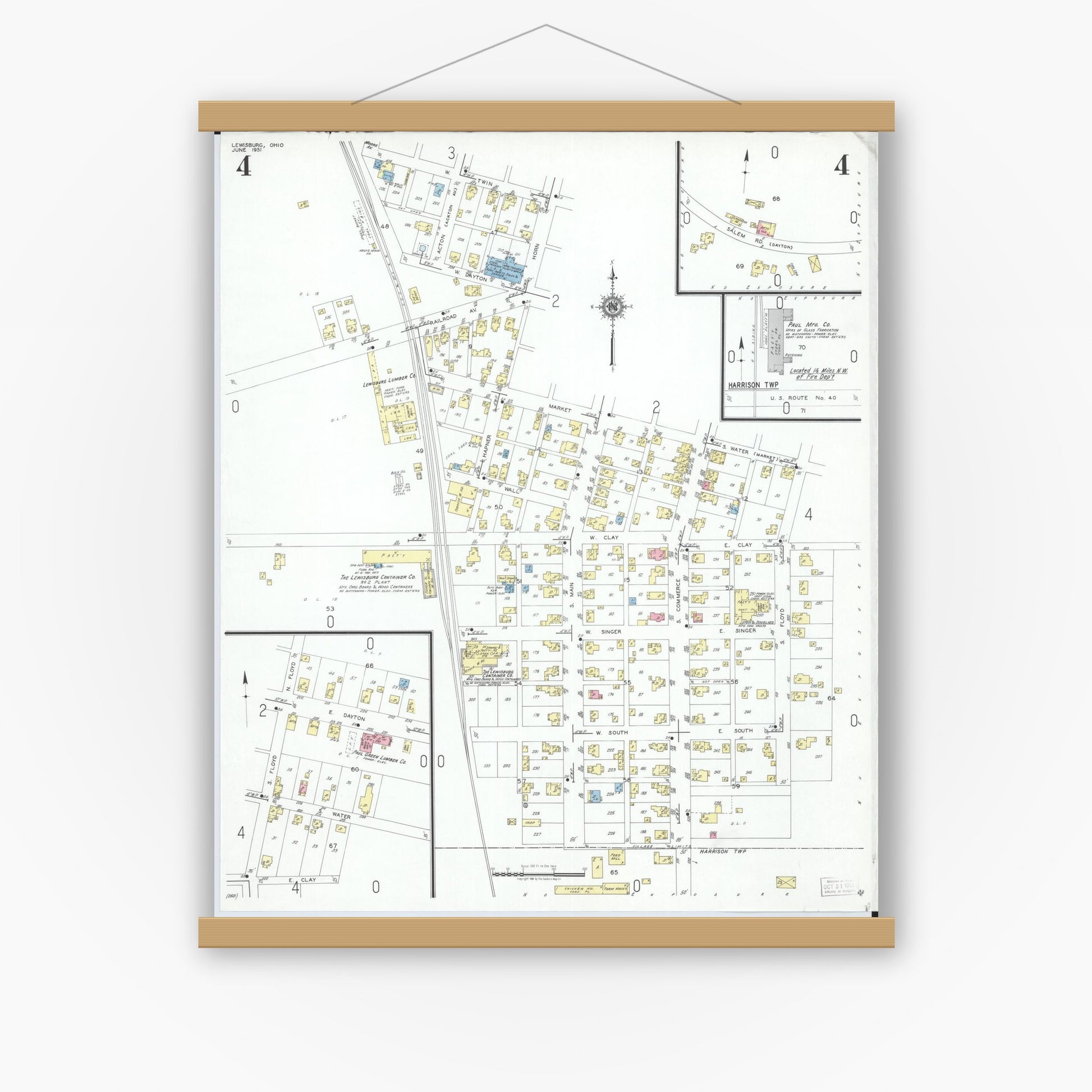Old map wall art mockup — magnetic wood frame on white wall — Sanborn Fire Insurance Map from Lewisburg, Preble County, Ohio (1951), Sheet #0004