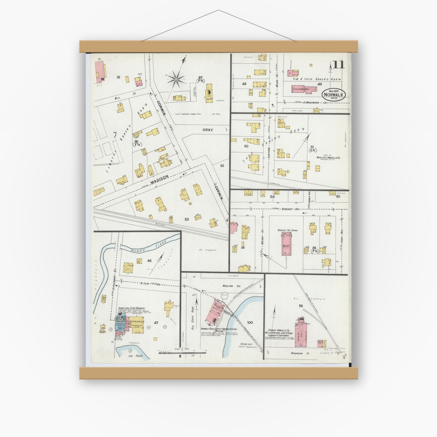 Old map wall art mockup — magnetic wood frame on white wall — Sanborn Fire Insurance Map from Norwalk, Huron County, Ohio (1899), Sheet #0011