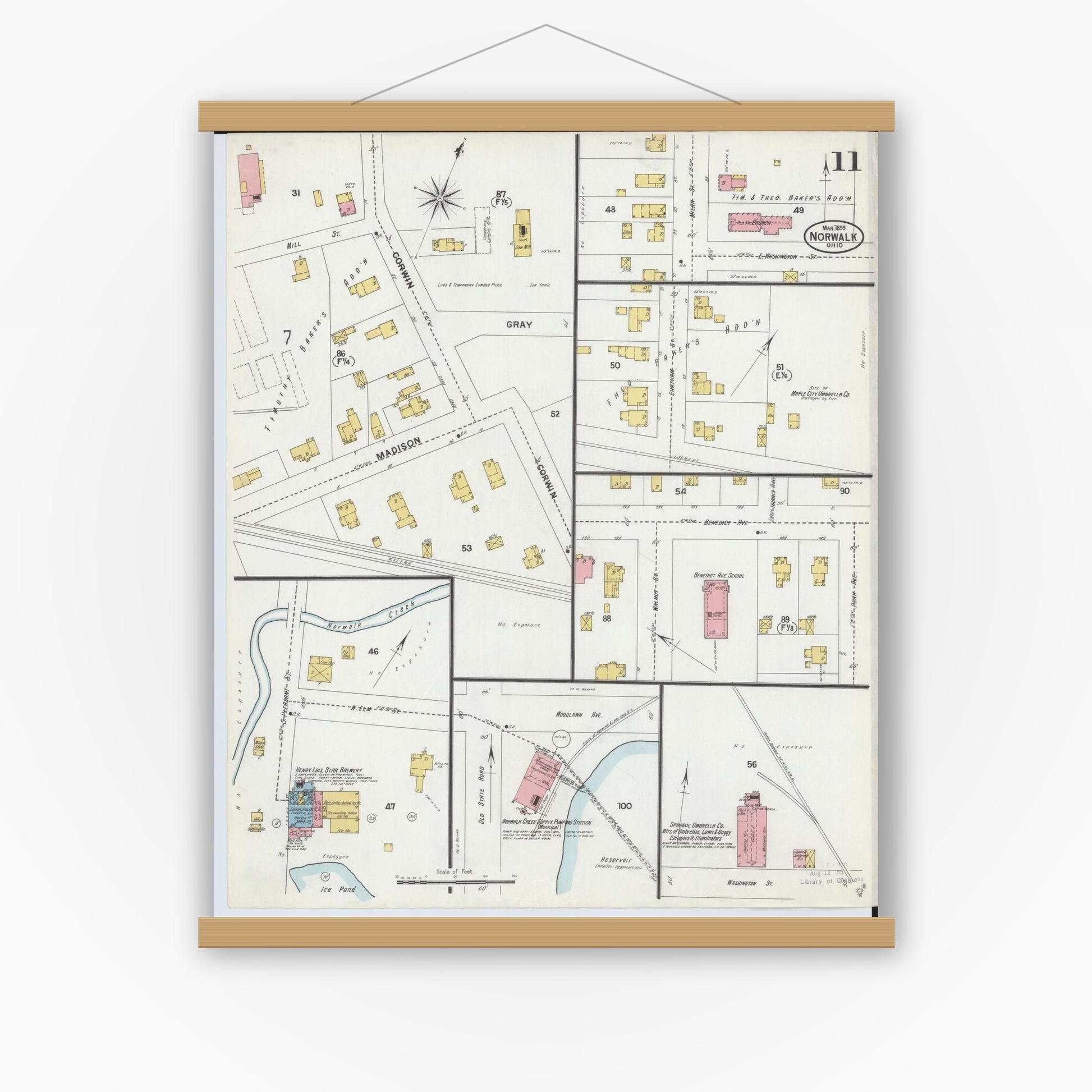 Old map wall art mockup — magnetic wood frame on white wall — Sanborn Fire Insurance Map from Norwalk, Huron County, Ohio (1899), Sheet #0011