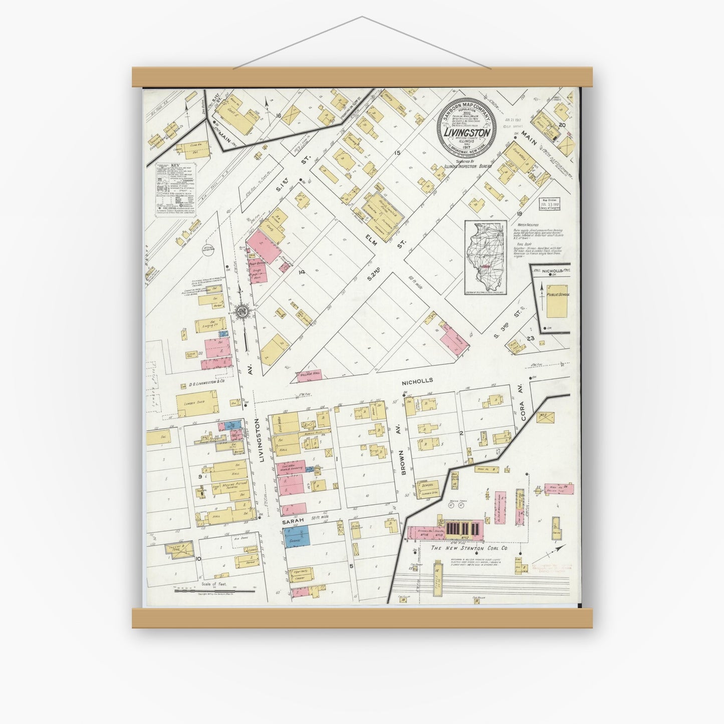 Old map wall art mockup — magnetic wood frame on white wall — Sanborn Fire Insurance Map from Livingston, Madison County, Illinois (1917), Sheet #0001