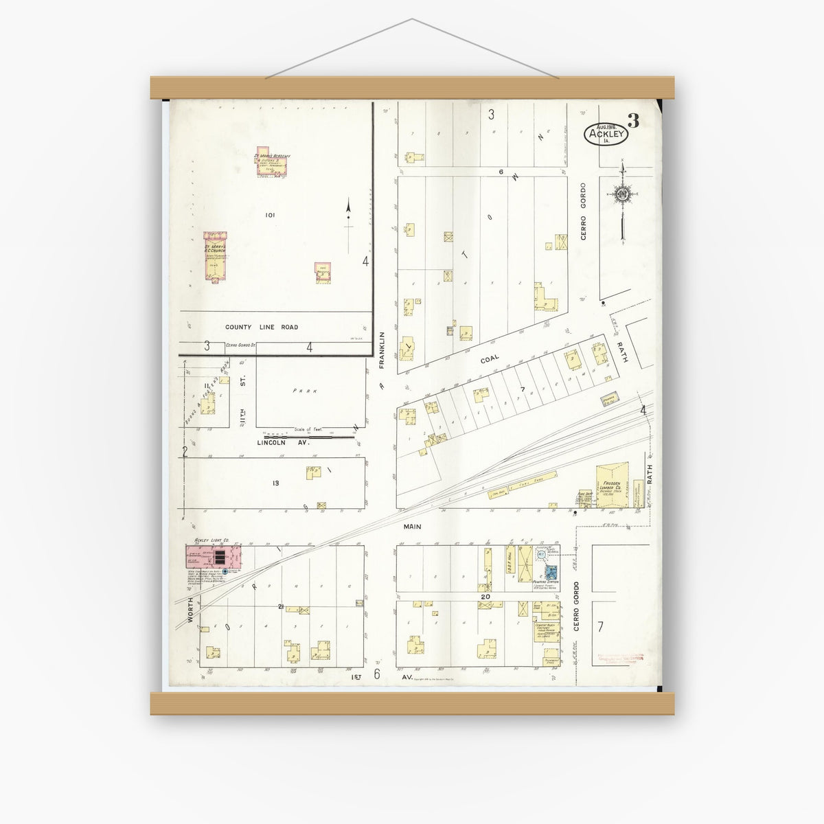 Old map wall art mockup — magnetic wood frame on white wall — Sanborn Fire Insurance Map from Ackley, Hardin and Franklin Counties, Iowa (1916), Sheet #0003