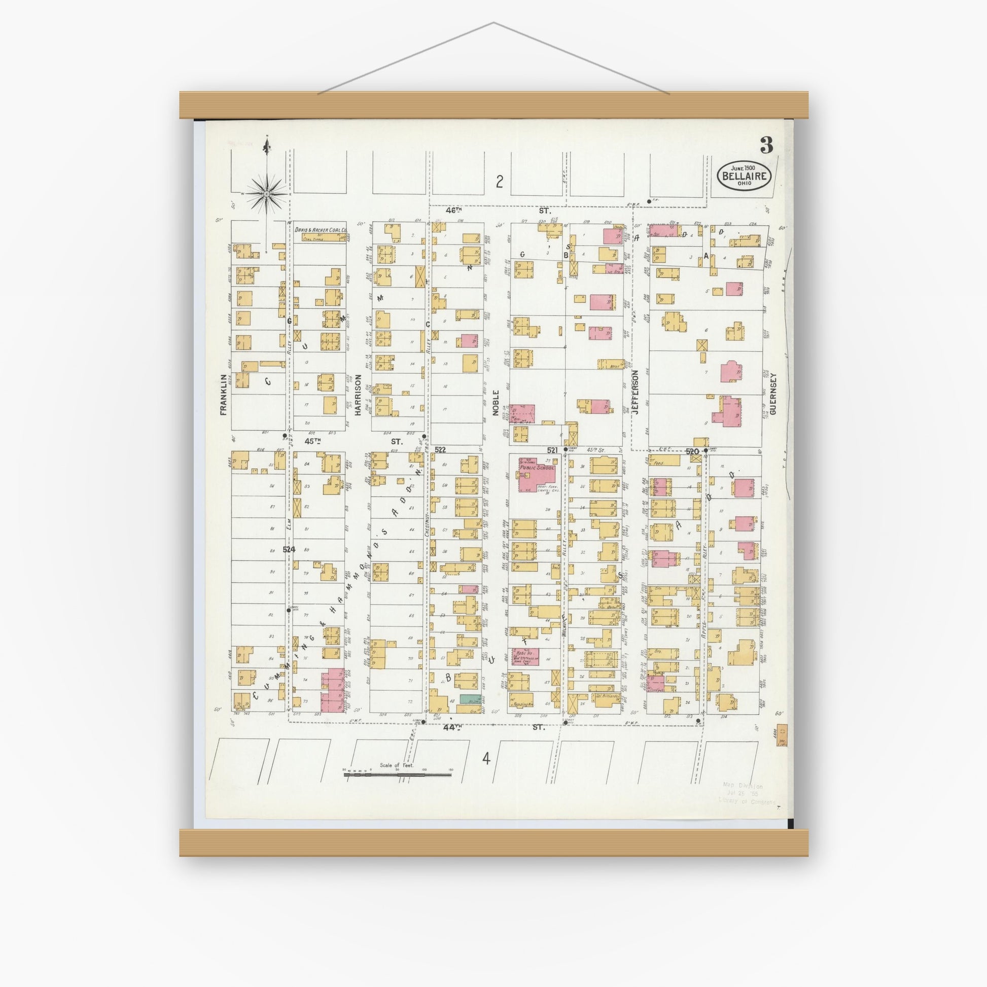 Old map wall art mockup — magnetic wood frame on white wall — Sanborn Fire Insurance Map from Bellaire, Belmont County, Ohio (1900), Sheet #0003