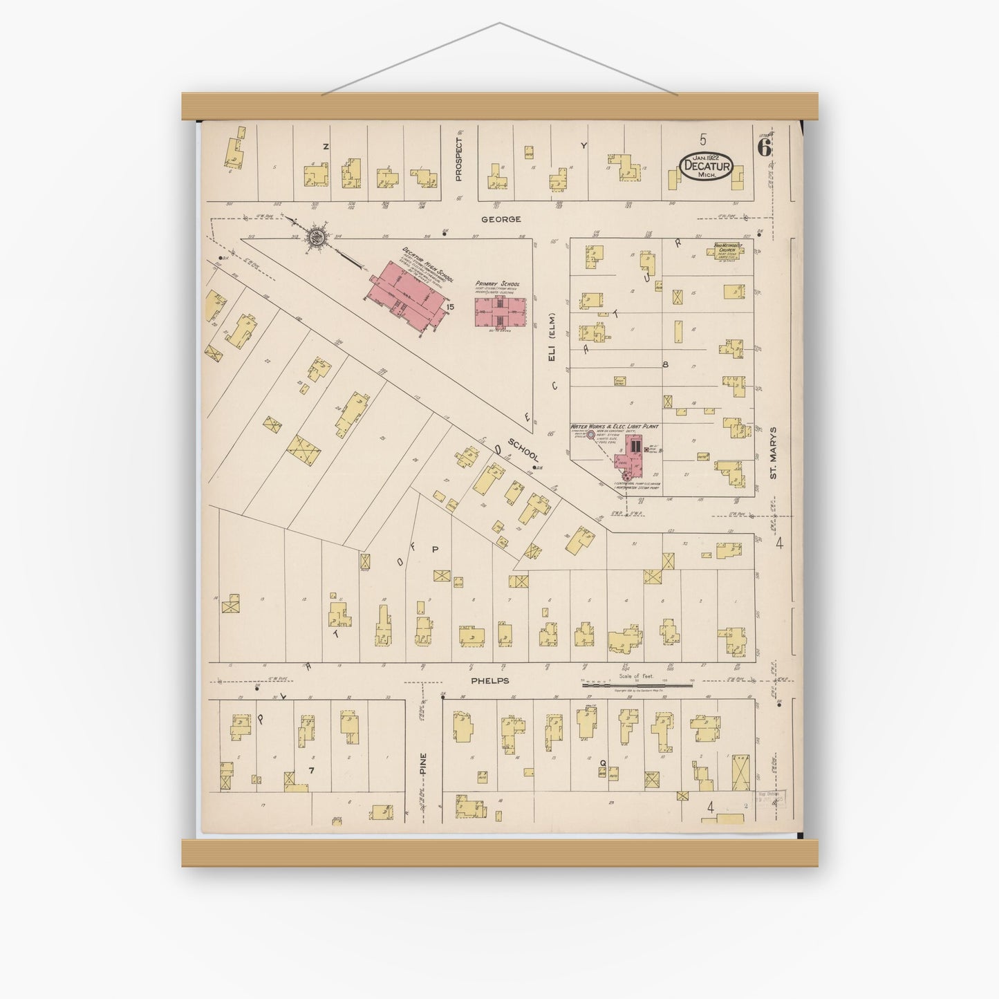 Old map wall art mockup — magnetic wood frame on white wall — Sanborn Fire Insurance Map from Decatur, Van Buren County, Michigan (1922), Sheet #0006