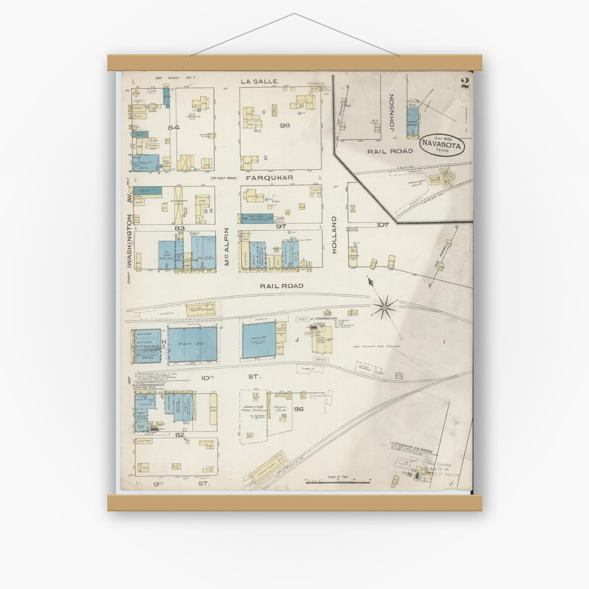 Old map wall art mockup — magnetic wood frame on white wall — Sanborn Fire Insurance Map from Navasota, Grimes County, Texas (1885), Sheet #0002