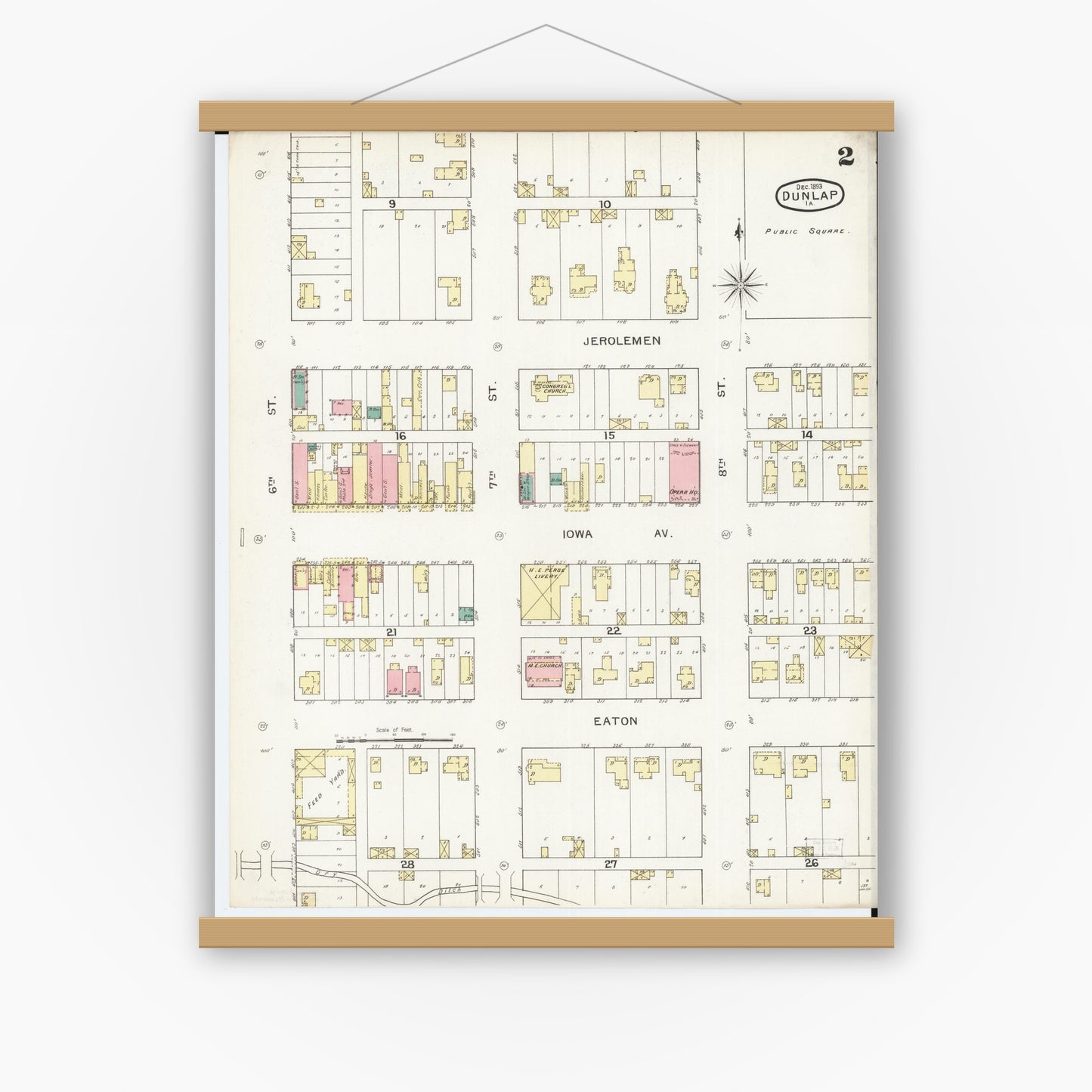 Old map wall art mockup — magnetic wood frame on white wall — Sanborn Fire Insurance Map from Dunlap, Harrison County, Iowa (1893), Sheet #0002