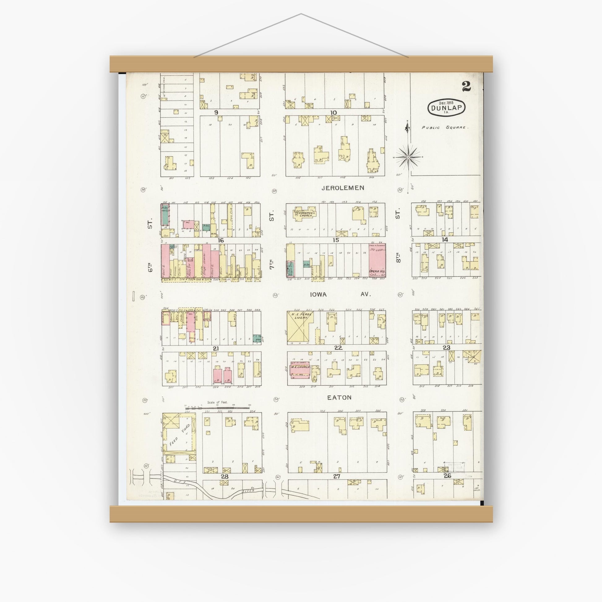 Old map wall art mockup — magnetic wood frame on white wall — Sanborn Fire Insurance Map from Dunlap, Harrison County, Iowa (1893), Sheet #0002