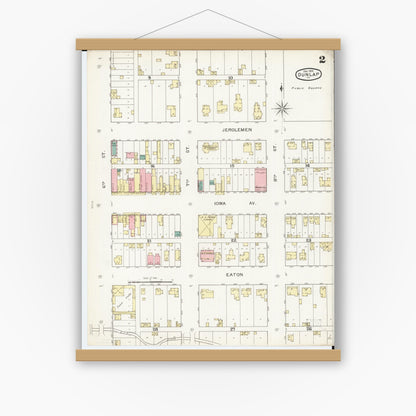 Old map wall art mockup — magnetic wood frame on white wall — Sanborn Fire Insurance Map from Dunlap, Harrison County, Iowa (1893), Sheet #0002