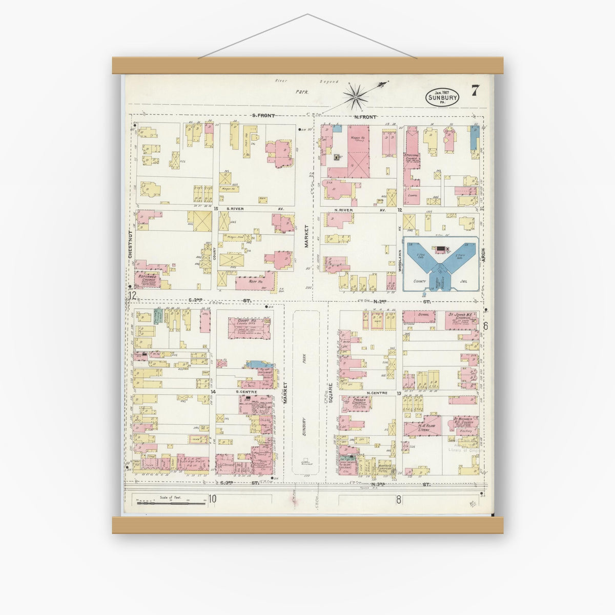Old map wall art mockup — magnetic wood frame on white wall — Sanborn Fire Insurance Map from Sunbury, Northumberland County, Pennsylvania (1907), Sheet #0007