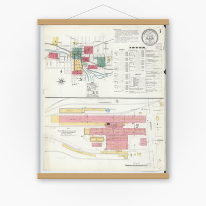 Old map wall art mockup — magnetic wood frame on white wall — Sanborn Fire Insurance Map from Albion, Calhoun County, Michigan (1907), Sheet #0001