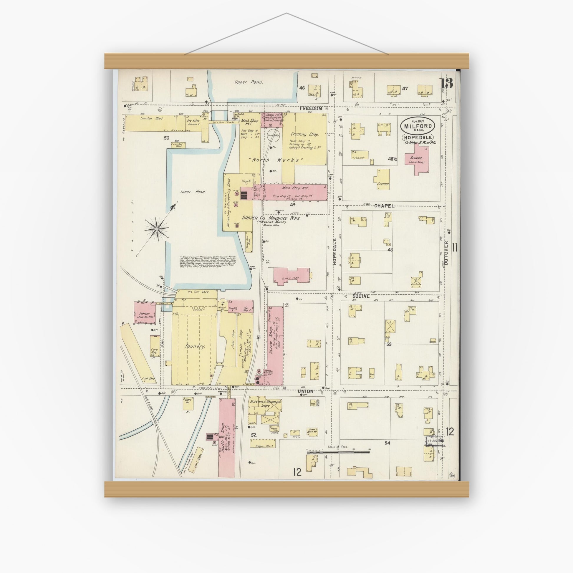 Old map wall art mockup — magnetic wood frame on white wall — Sanborn Fire Insurance Map from Milford, Worcester County, Massachusetts (1897), Sheet #0013