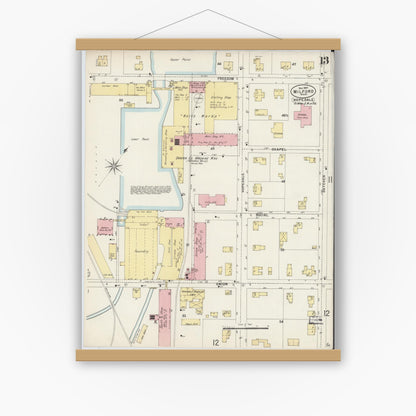 Old map wall art mockup — magnetic wood frame on white wall — Sanborn Fire Insurance Map from Milford, Worcester County, Massachusetts (1897), Sheet #0013