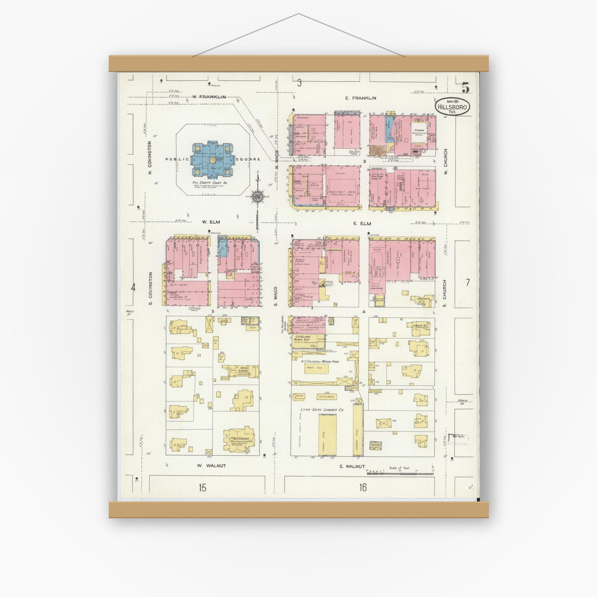 Old map wall art mockup — magnetic wood frame on white wall — Sanborn Fire Insurance Map from Hillsboro, Hill County, Texas (1911), Sheet #0005
