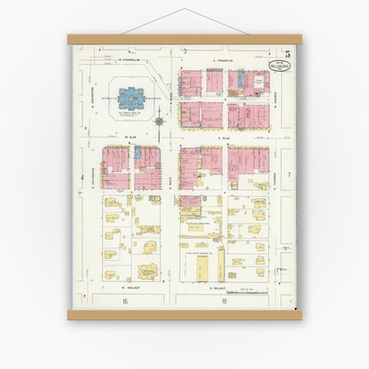 Old map wall art mockup — magnetic wood frame on white wall — Sanborn Fire Insurance Map from Hillsboro, Hill County, Texas (1911), Sheet #0005