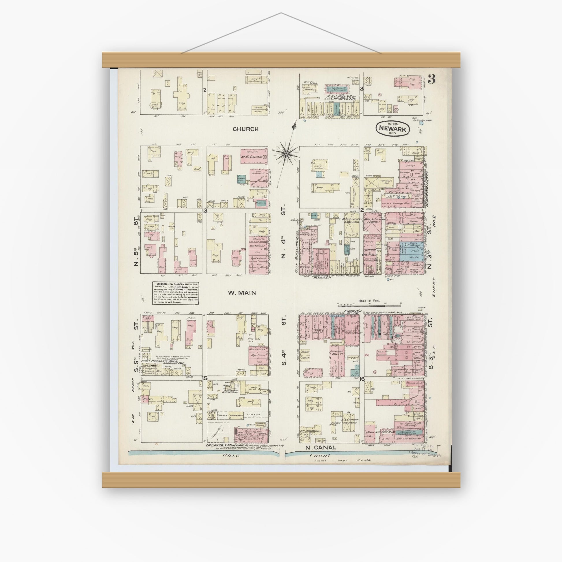Old map wall art mockup — magnetic wood frame on white wall — Sanborn Fire Insurance Map from Newark, Licking County, Ohio (1884), Sheet #0003