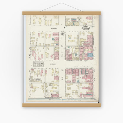 Old map wall art mockup — magnetic wood frame on white wall — Sanborn Fire Insurance Map from Newark, Licking County, Ohio (1884), Sheet #0003
