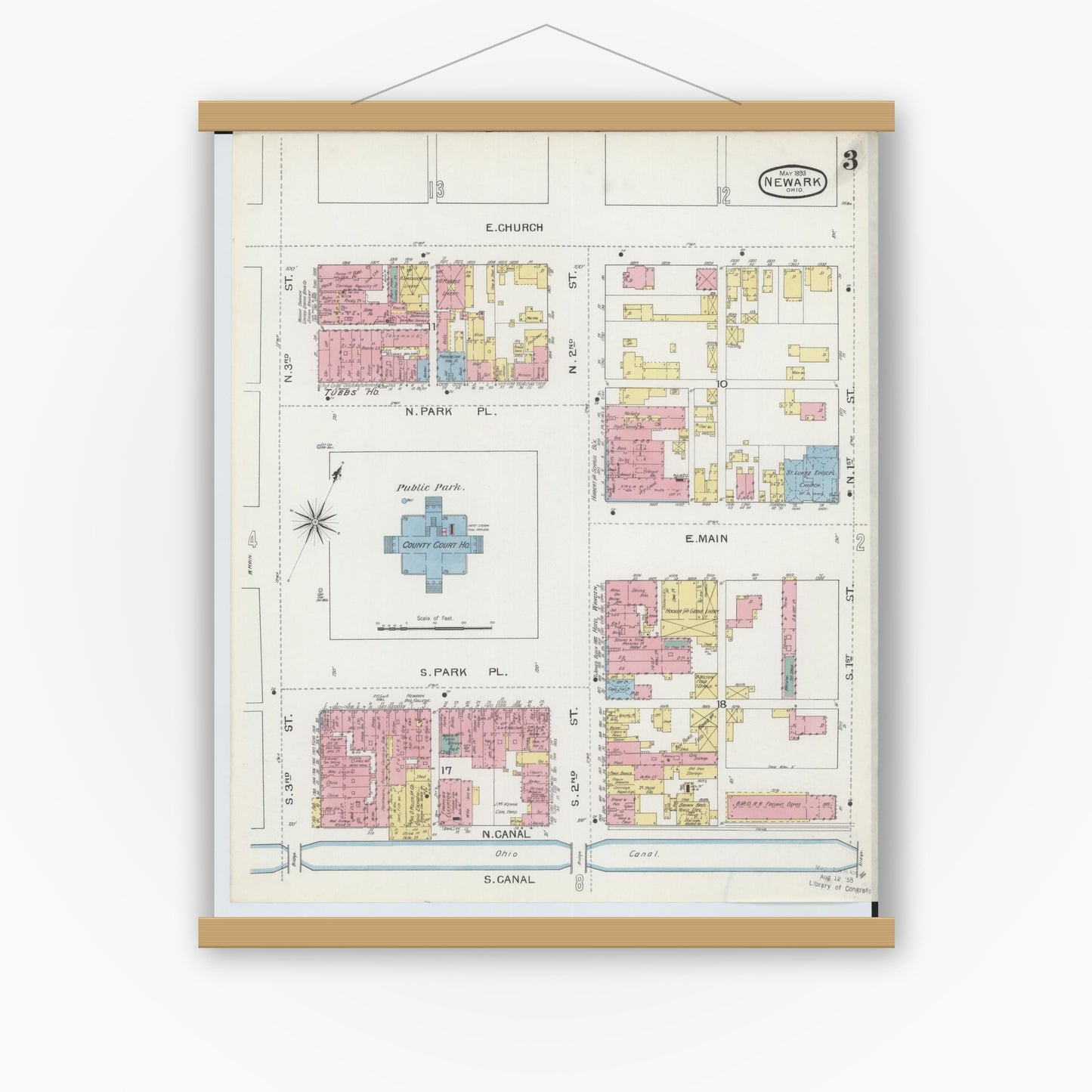 Old map wall art mockup — magnetic wood frame on white wall — Sanborn Fire Insurance Map from Newark, Licking County, Ohio (1893), Sheet #0003