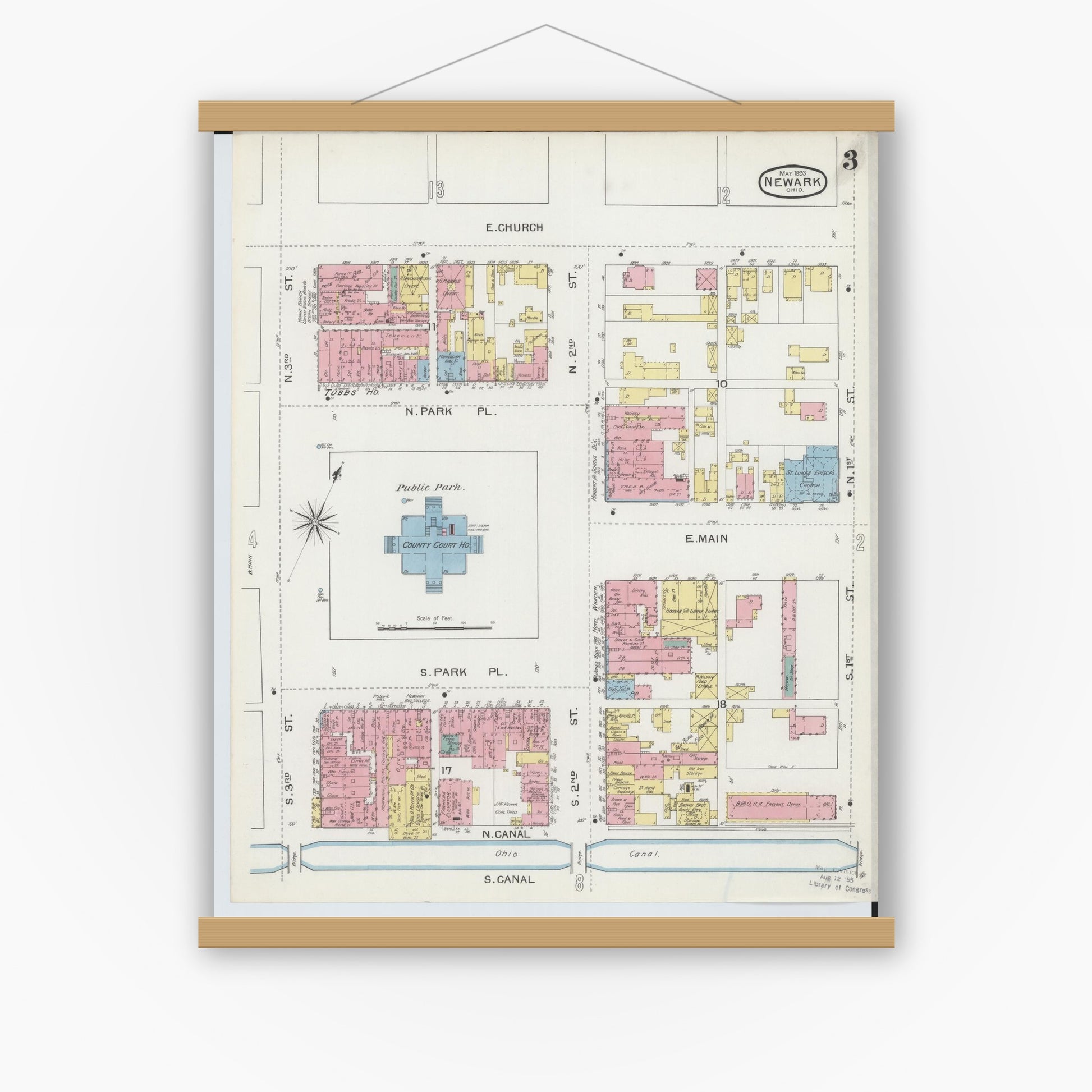Old map wall art mockup — magnetic wood frame on white wall — Sanborn Fire Insurance Map from Newark, Licking County, Ohio (1893), Sheet #0003