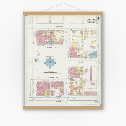 Old map wall art mockup — magnetic wood frame on white wall — Sanborn Fire Insurance Map from Newark, Licking County, Ohio (1893), Sheet #0003