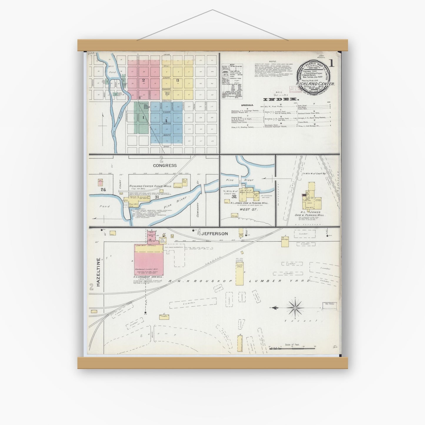 Old map wall art mockup — magnetic wood frame on white wall — Sanborn Fire Insurance Map from Richland Center, Richland County, Wisconsin (1892), Sheet #0001