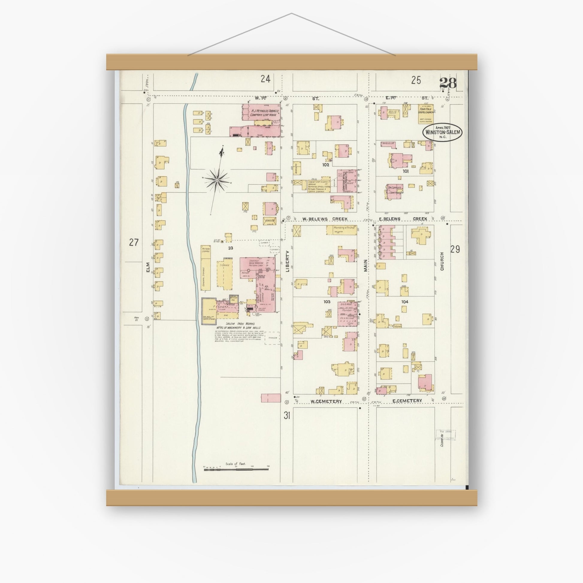 Old map wall art mockup — magnetic wood frame on white wall — Sanborn Fire Insurance Map from Winston-Salem, Forsyth County, North Carolina (1907), Sheet #0028