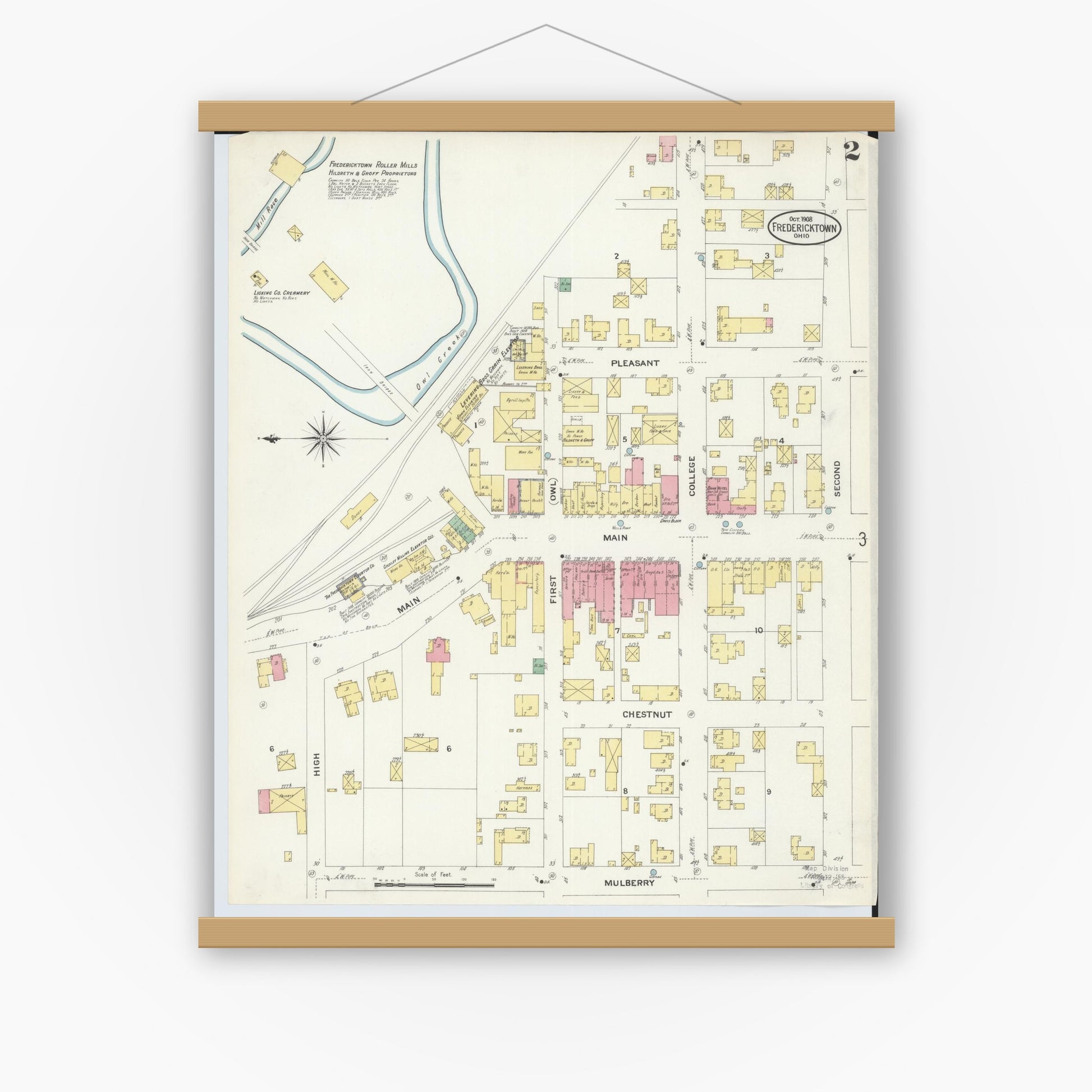 Old map wall art mockup — magnetic wood frame on white wall — Sanborn Fire Insurance Map from Fredericktown, Knox County, Ohio (1908), Sheet #0002