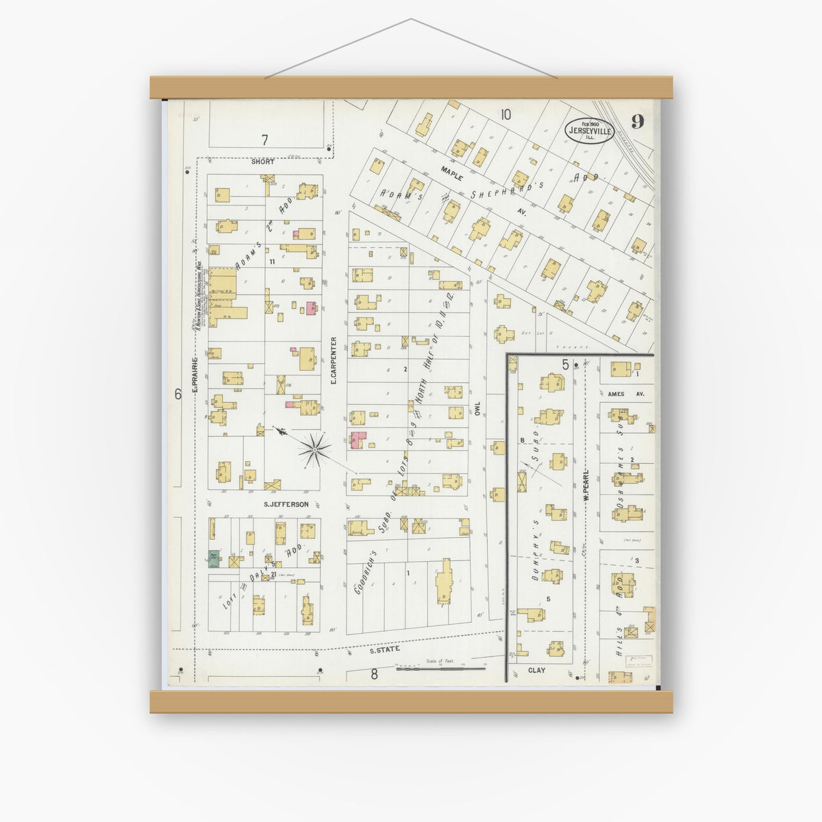 Old map wall art mockup — magnetic wood frame on white wall — Sanborn Fire Insurance Map from Jerseyville, Jersey County, Illinois (1900), Sheet #0009