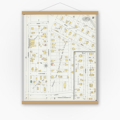 Old map wall art mockup — magnetic wood frame on white wall — Sanborn Fire Insurance Map from Jerseyville, Jersey County, Illinois (1900), Sheet #0009