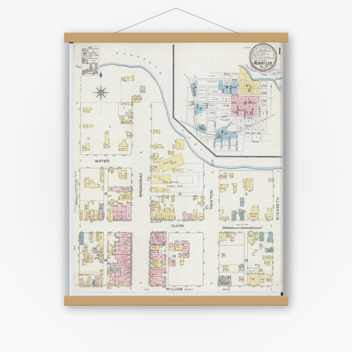 Old map wall art mockup — magnetic wood frame on white wall — Sanborn Fire Insurance Map from Albert Lea, Freeborn County, Minnesota (1886) - Complete Map Set