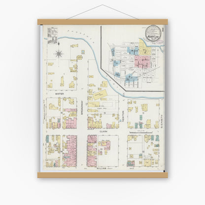 Old map wall art mockup — magnetic wood frame on white wall — Sanborn Fire Insurance Map from Albert Lea, Freeborn County, Minnesota (1886) - Complete Map Set
