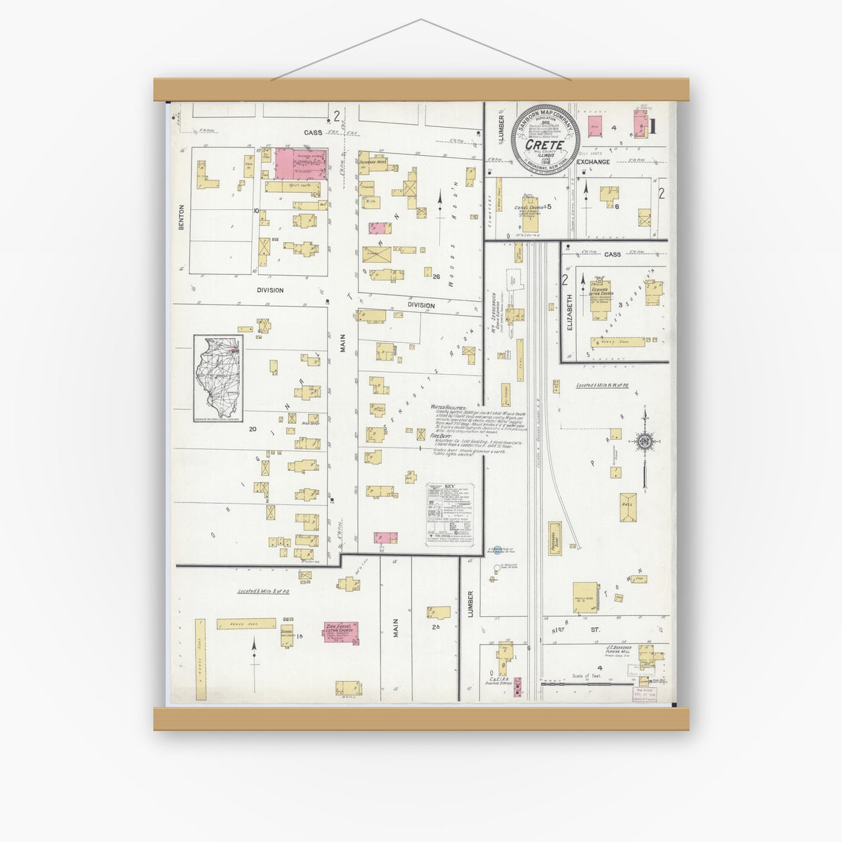Old map wall art mockup — magnetic wood frame on white wall — Sanborn Fire Insurance Map from Crete, Will County, Illinois (1916), Sheet #0001