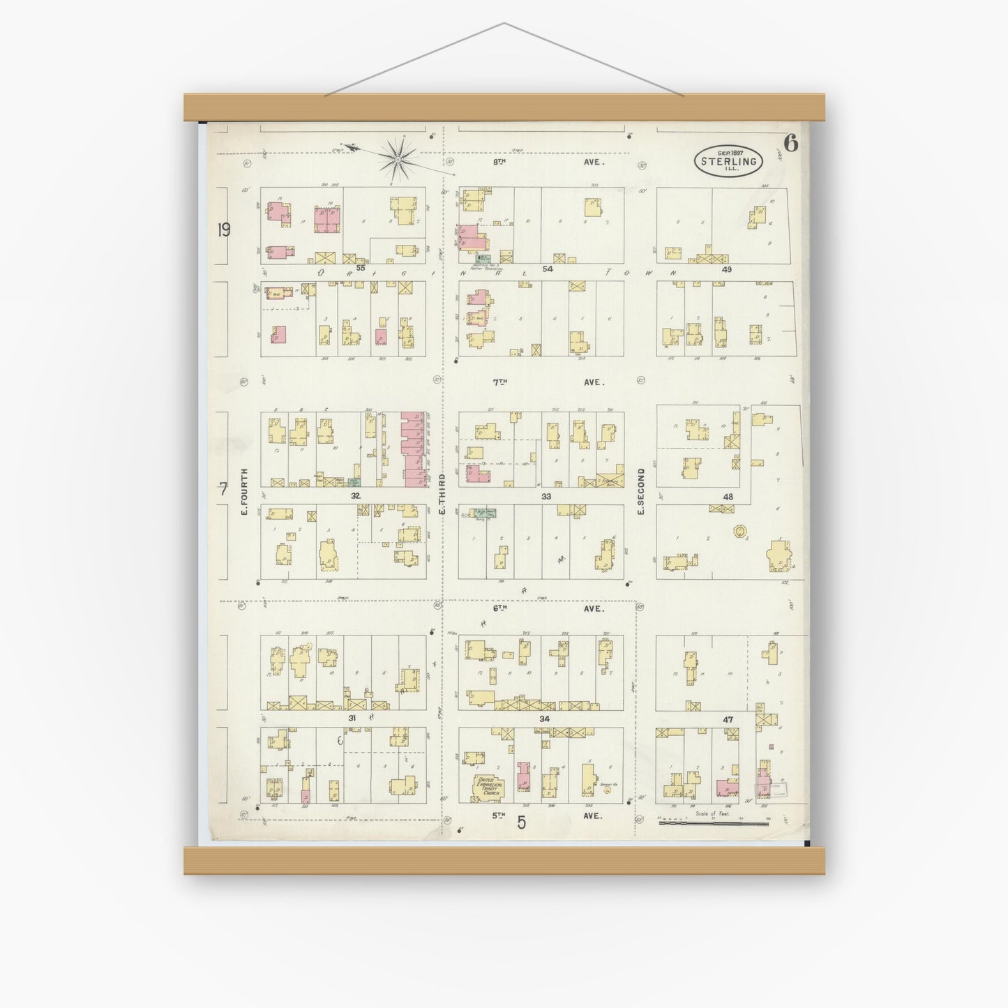 Old map wall art mockup — magnetic wood frame on white wall — Sanborn Fire Insurance Map from Sterling, Whiteside County, Illinois (1897), Sheet #0006