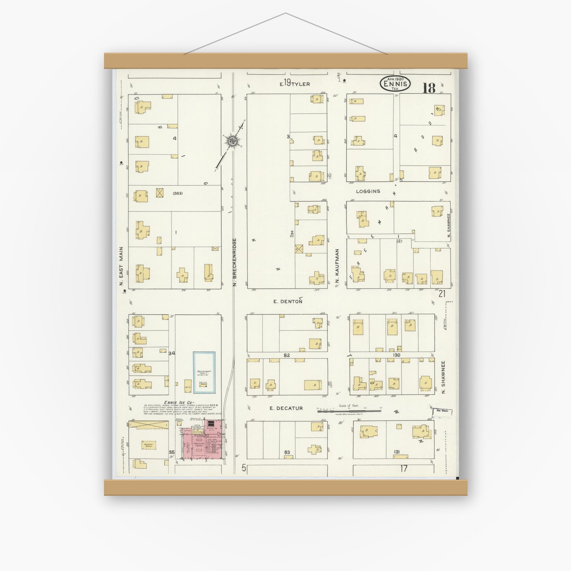 Old map wall art mockup — magnetic wood frame on white wall — Sanborn Fire Insurance Map from Ennis, Ellis County, Texas (1920), Sheet #0018