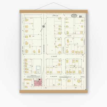 Old map wall art mockup — magnetic wood frame on white wall — Sanborn Fire Insurance Map from Ennis, Ellis County, Texas (1920), Sheet #0018