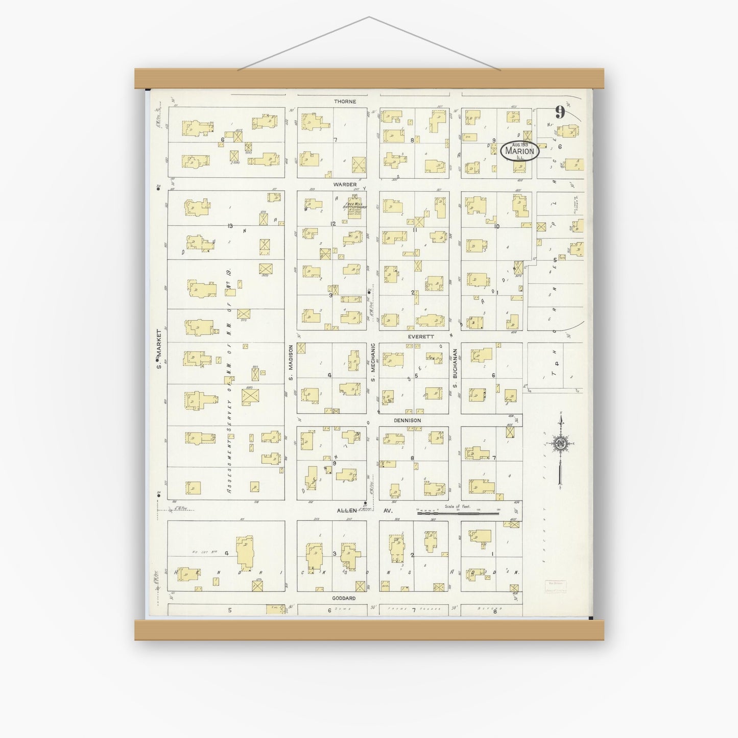 Old map wall art mockup — magnetic wood frame on white wall — Sanborn Fire Insurance Map from Marion, Williamson County, Illinois (1913), Sheet #0009