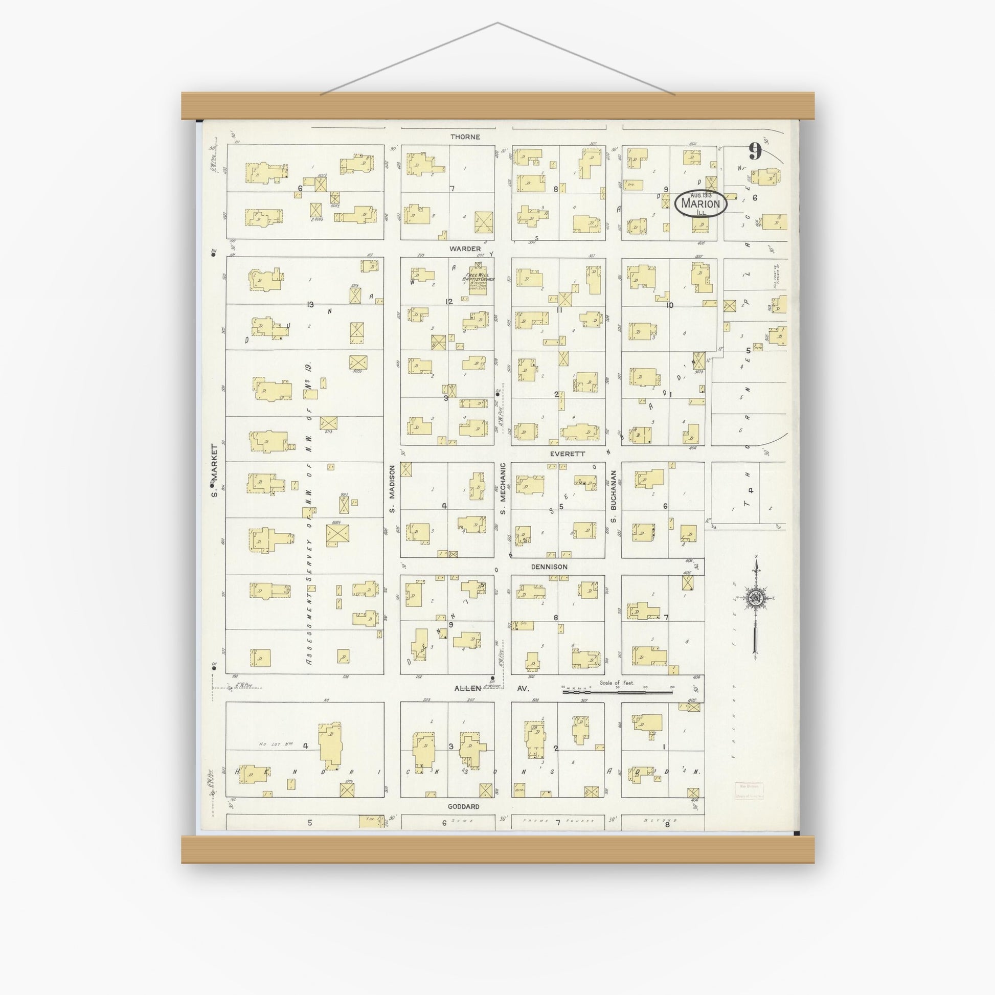 Old map wall art mockup — magnetic wood frame on white wall — Sanborn Fire Insurance Map from Marion, Williamson County, Illinois (1913), Sheet #0009