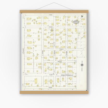 Old map wall art mockup — magnetic wood frame on white wall — Sanborn Fire Insurance Map from Marion, Williamson County, Illinois (1913), Sheet #0009