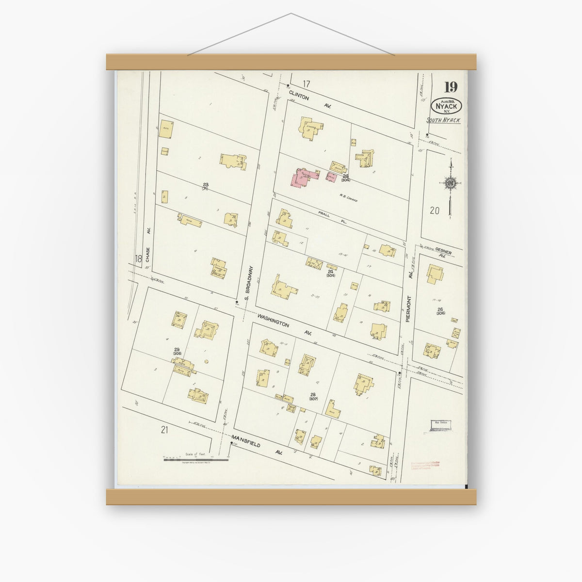 Old map wall art mockup — magnetic wood frame on white wall — Sanborn Fire Insurance Map from Nyack, Rockland County, New York (1919), Sheet #0019
