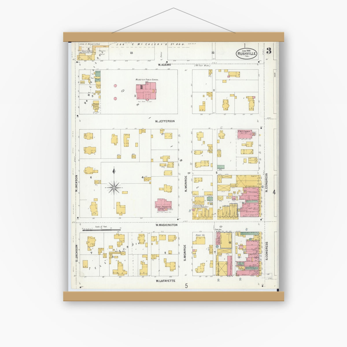 Old map wall art mockup — magnetic wood frame on white wall — Sanborn Fire Insurance Map from Rushville, Schuyler County, Illinois (1900), Sheet #0003