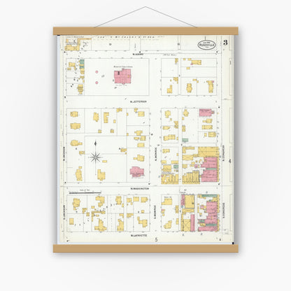 Old map wall art mockup — magnetic wood frame on white wall — Sanborn Fire Insurance Map from Rushville, Schuyler County, Illinois (1900), Sheet #0003